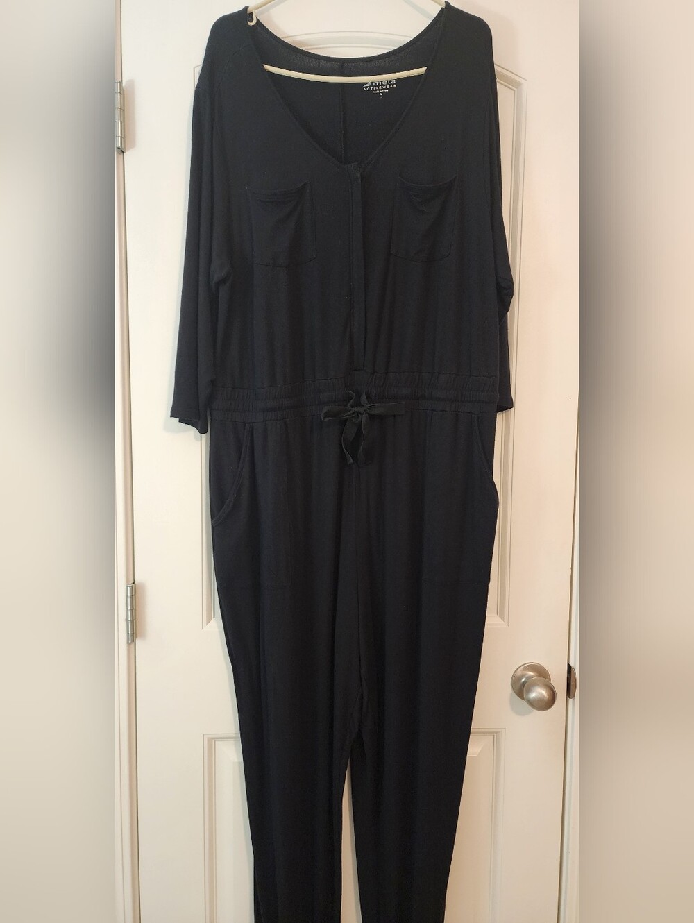 Meta Activewear Black V-Neck Zipper Front Drawstring Waist 1X Jumpsuit Grunge
